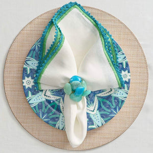 Knotted Edge Napkin in White, Turquoise & Green