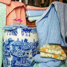Load image into Gallery viewer, Block Print Leaves Fuchsia Reversible Kantha Cloth Tablecloth