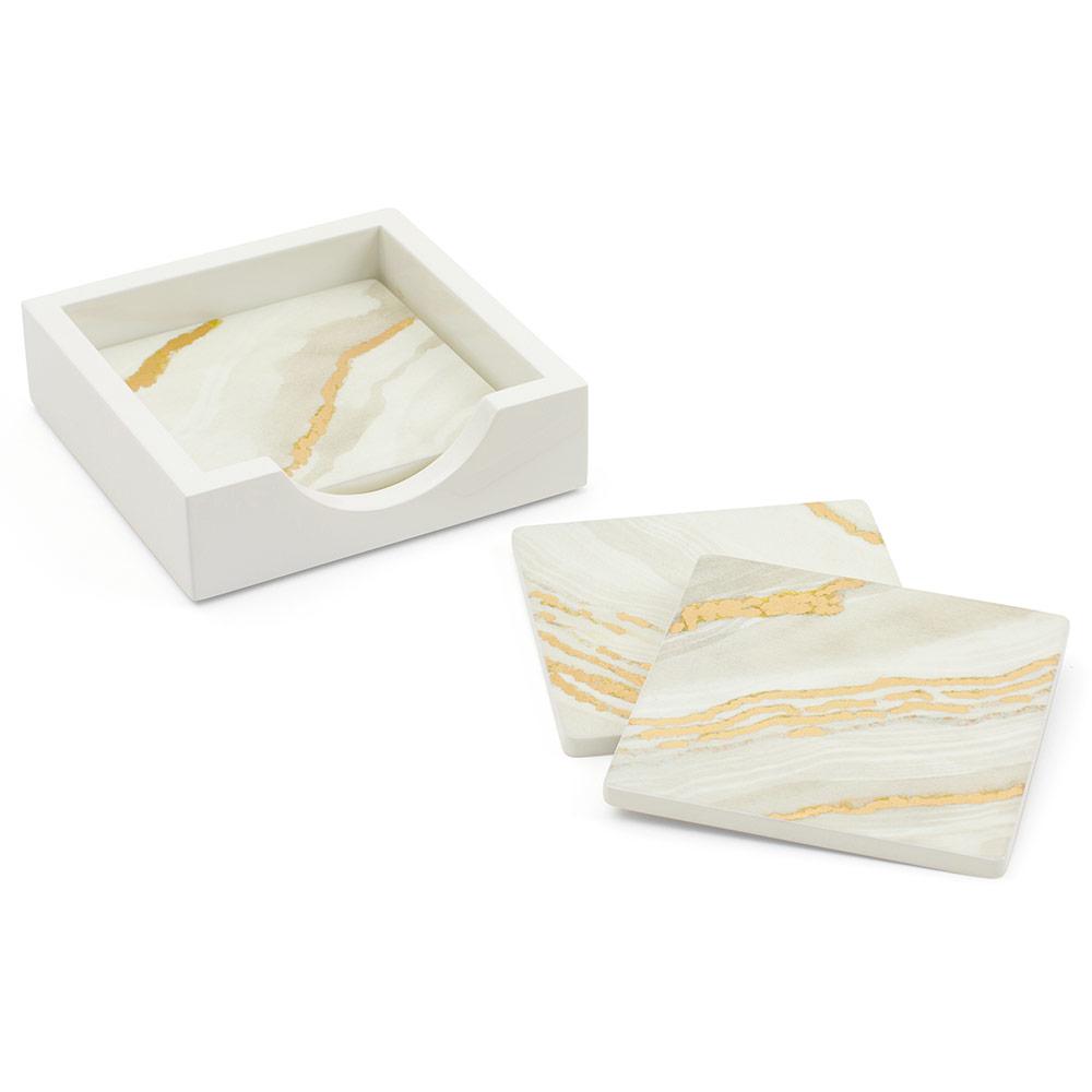 Marble Moonlight Square Lacquer Coasters in Holder - Set of 4 - Maisonette Shop