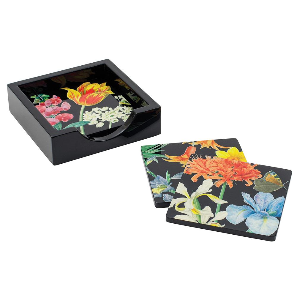 Redoute Floral Black Lacquer Coasters in Holder - Set of 4 | Maisonette ...