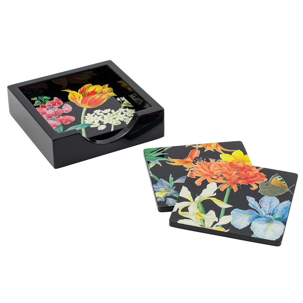 Redoute Floral Black Lacquer Coasters in Holder - Set of 4 - Maisonette Shop