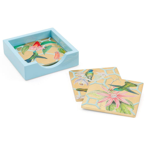 Hummingbird Trellis Square Lacquer Coasters in Holder - Set of 4 - Maisonette Shop