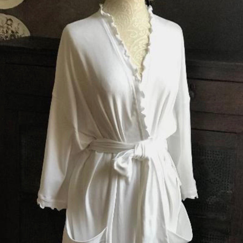 Long Wrap Robe White Cotton Interlock - Maisonette Shop